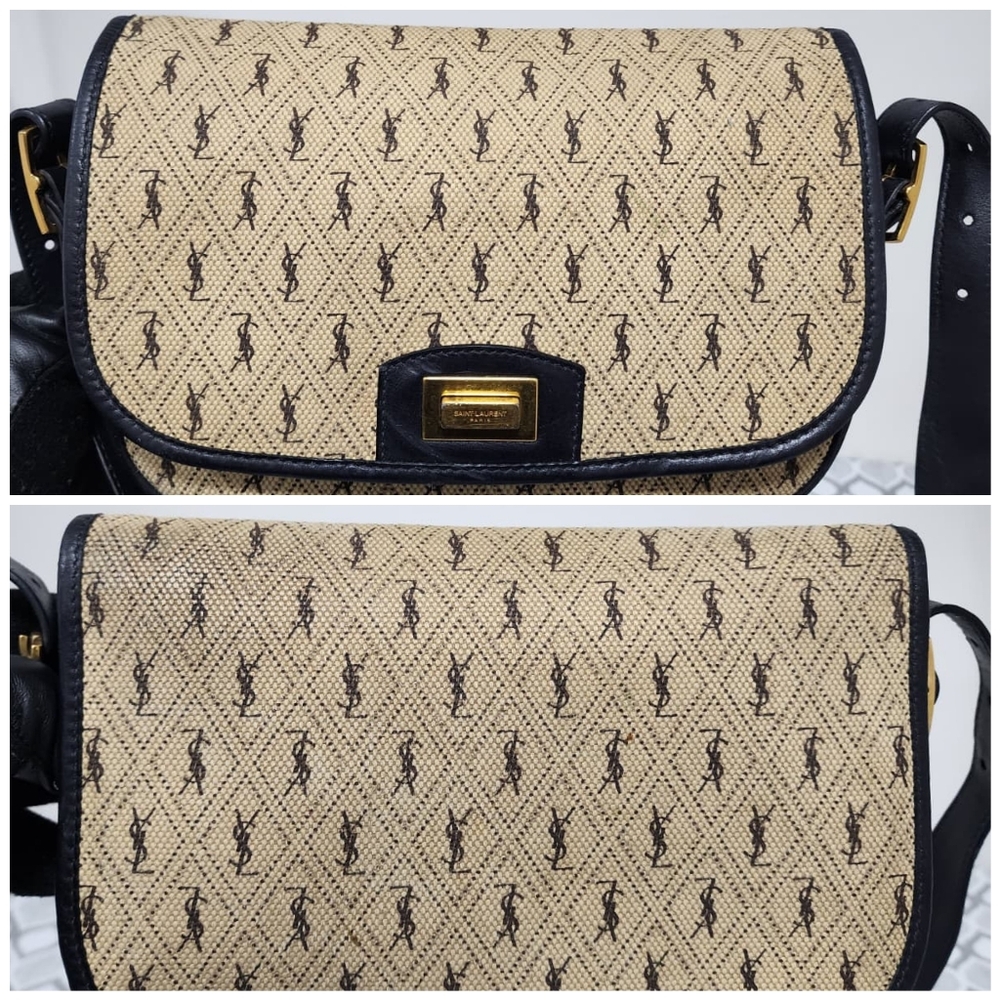 Yves Saint LaurentBeige/Navy Canvas Monogram Satchel Crossbody Bag - Picture 7 of 14